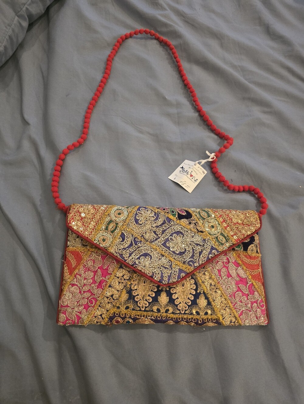Embroidered Multicolor Envelope Clutch with Red Beaded Looking  Strap